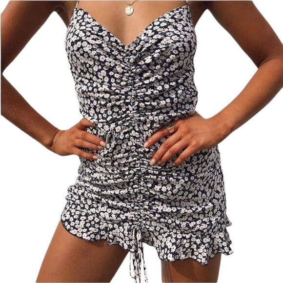 Princess Polly McLeod Blue Floral Drawstring Ruched Halter Ruffle Mini Dress - Picture 2 of 16